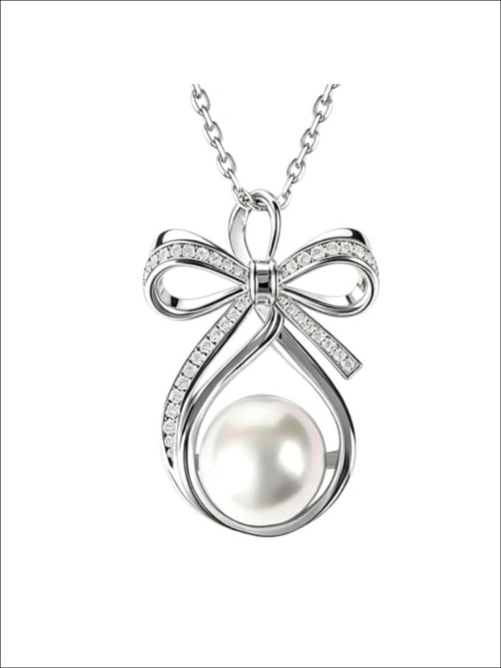 Bow Pearl Pendant Necklace Silver Plated Brass CZ Dainty Jewelry Gift